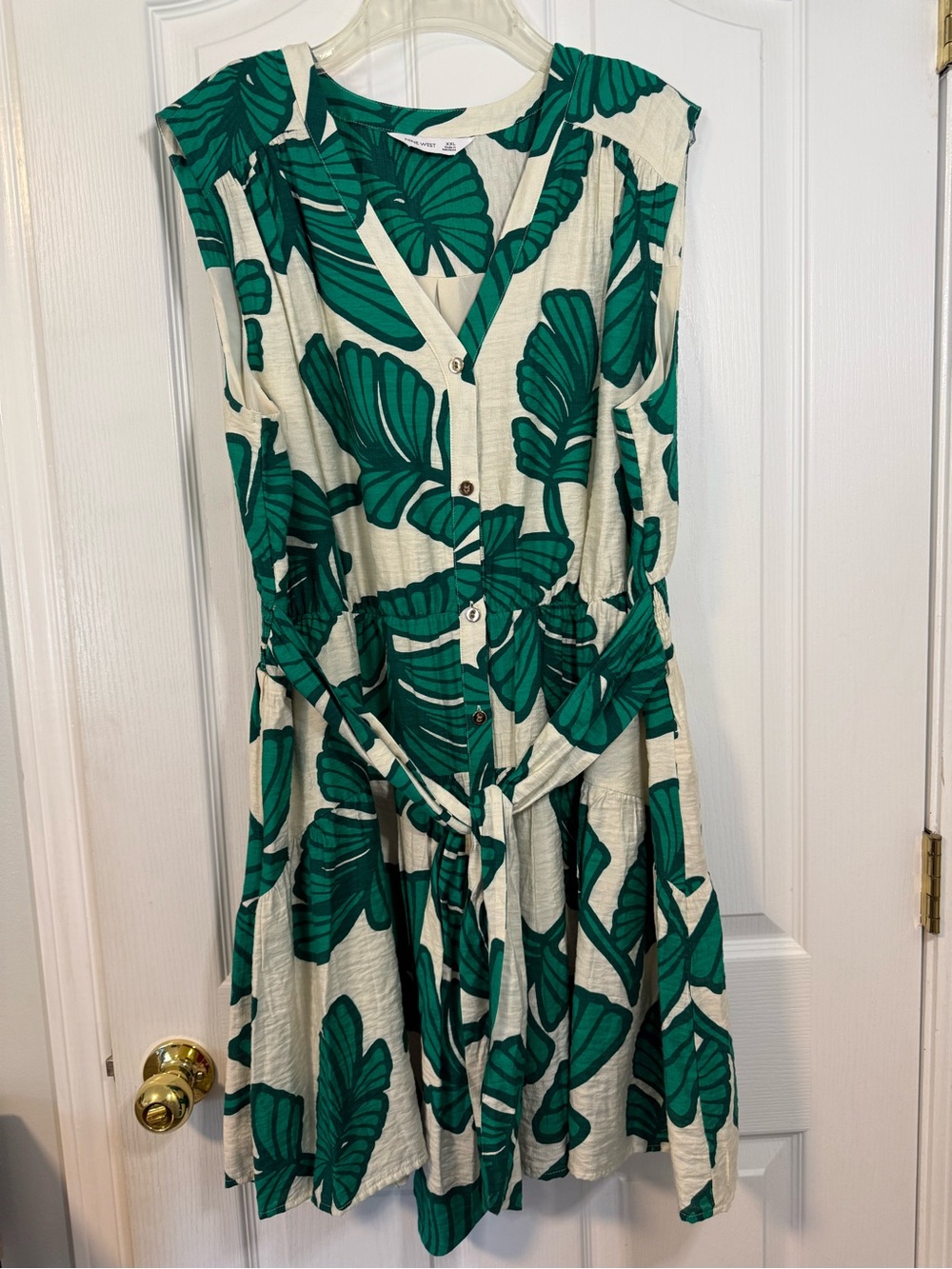 Nine West Green Leaf Print Button-Front Midi Dress